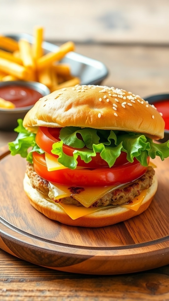 A crispy crust burger with lettuce, tomato, and cheese on a wooden plate with fries and ketchup.